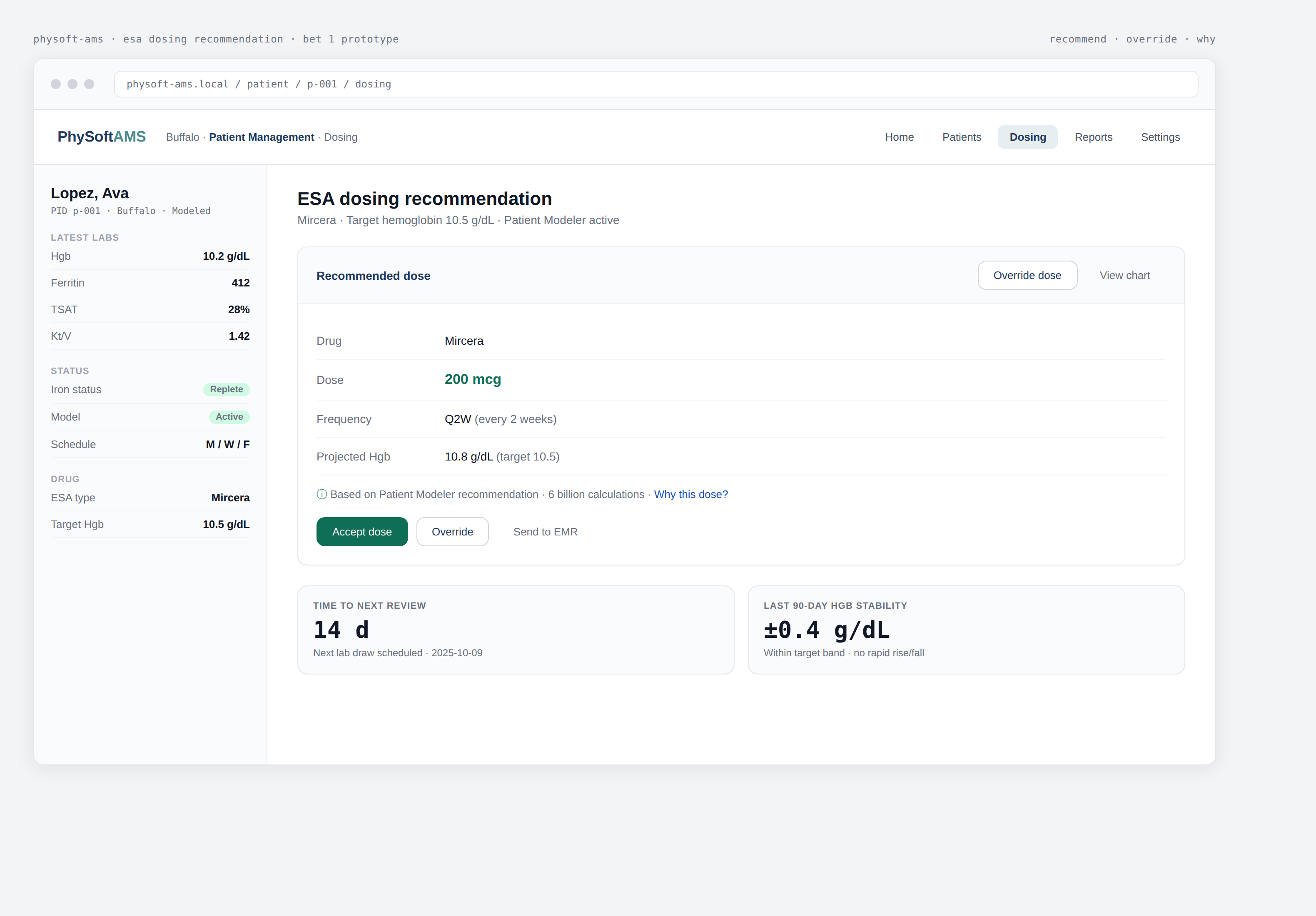 Bet 1 — simplified ESA dosing flow with three modes (recommend, override, why).